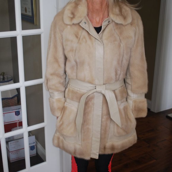 Schlampp's Two Tone Beige Mink & Leather Coat - Picture 1 of 14